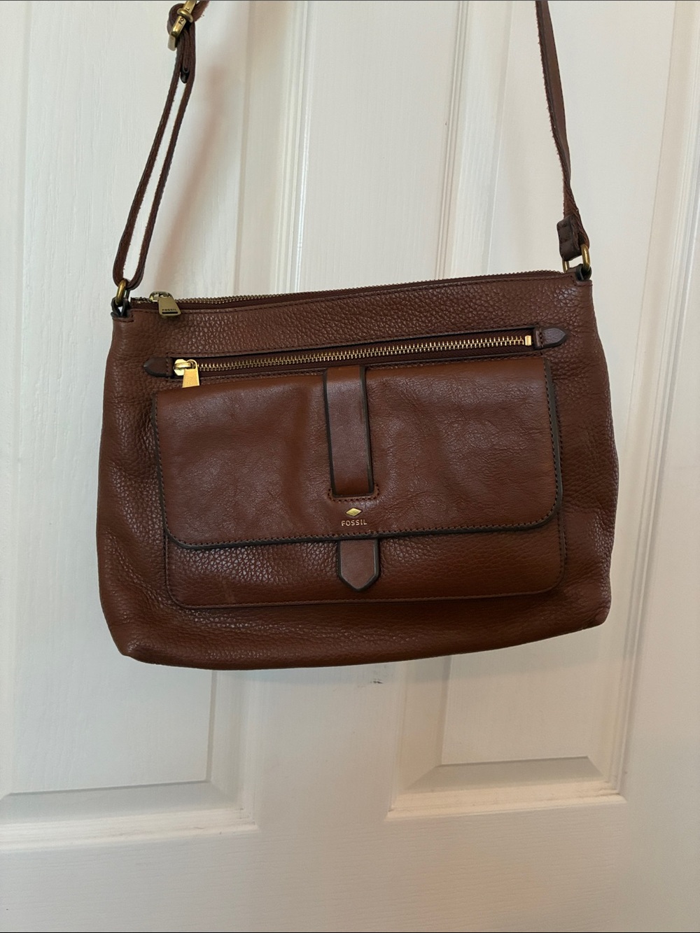 Fossil Chestnut Brown Leather Crossbody with Front Flap Pocket